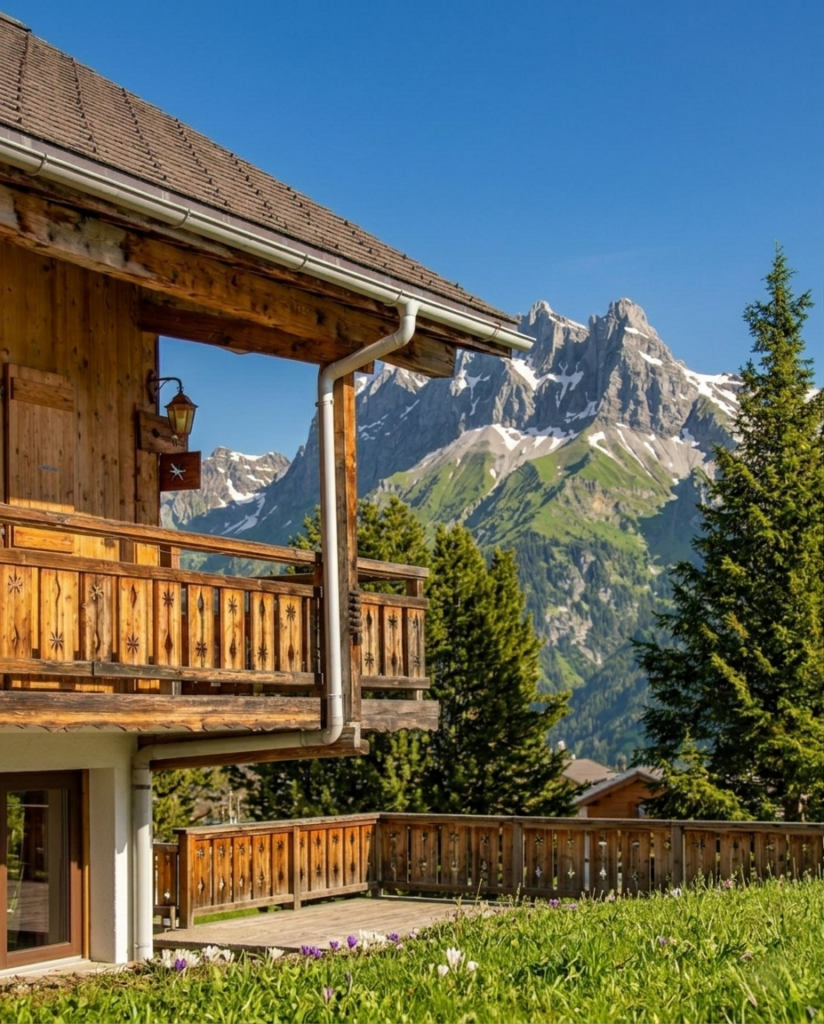 Balcon de chalet face aux montagnes